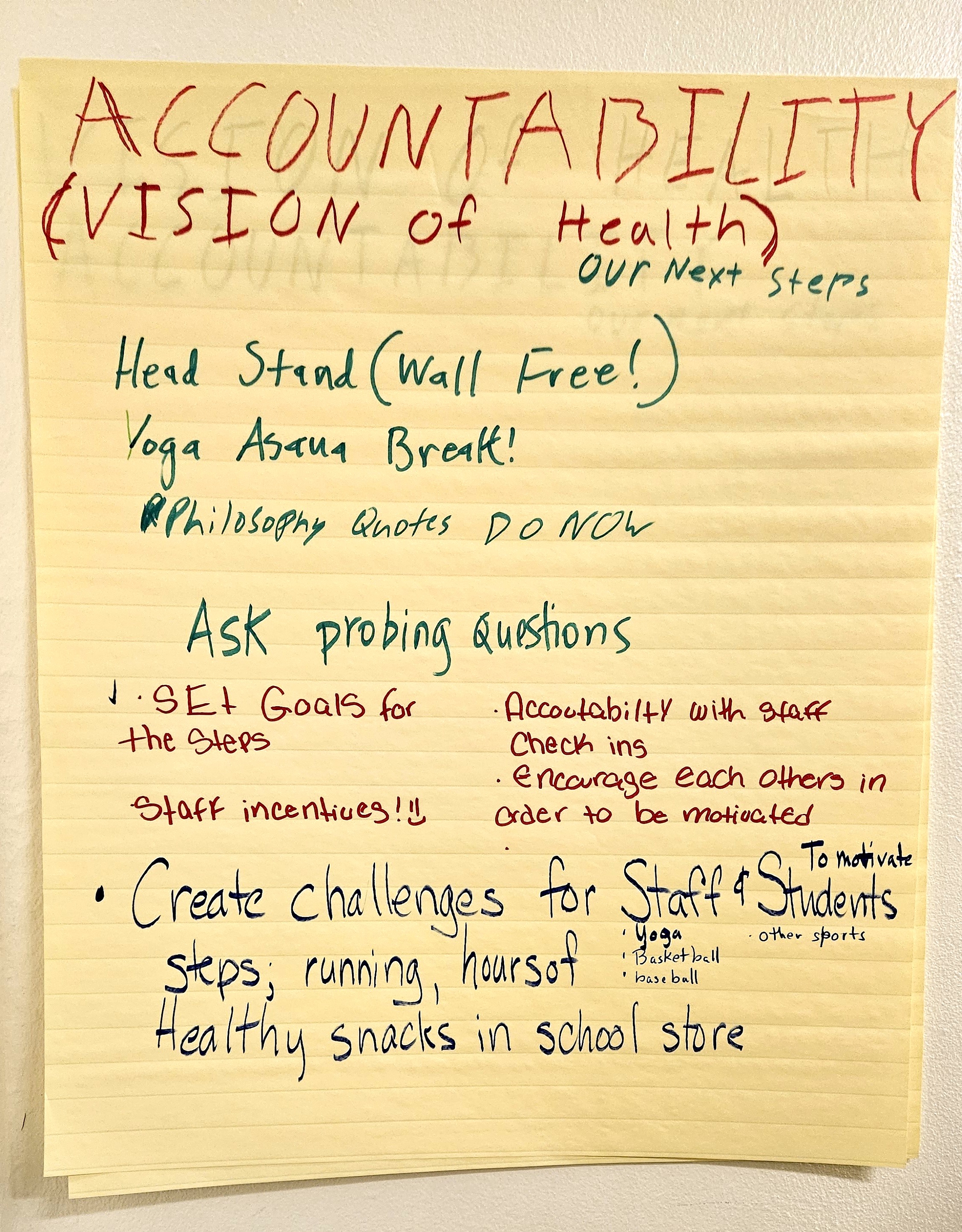 Accountability and health vision with activity challenges, staff incentives, and wellness initiatives for schools