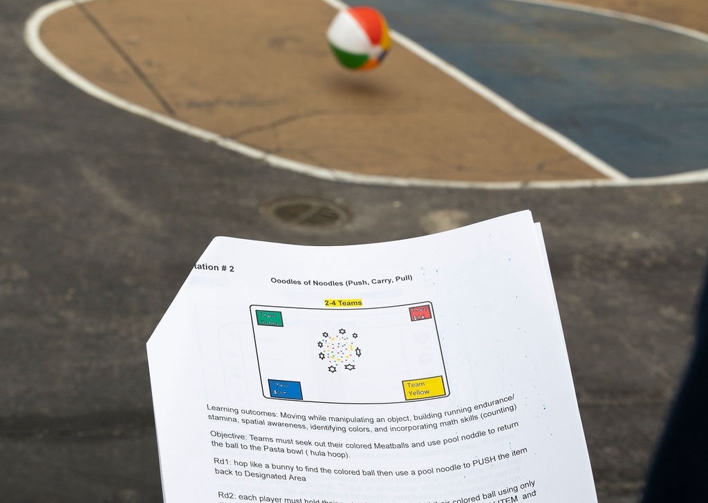 Program design document showing activity plan with learning outcomes and a colorful ball on a playground