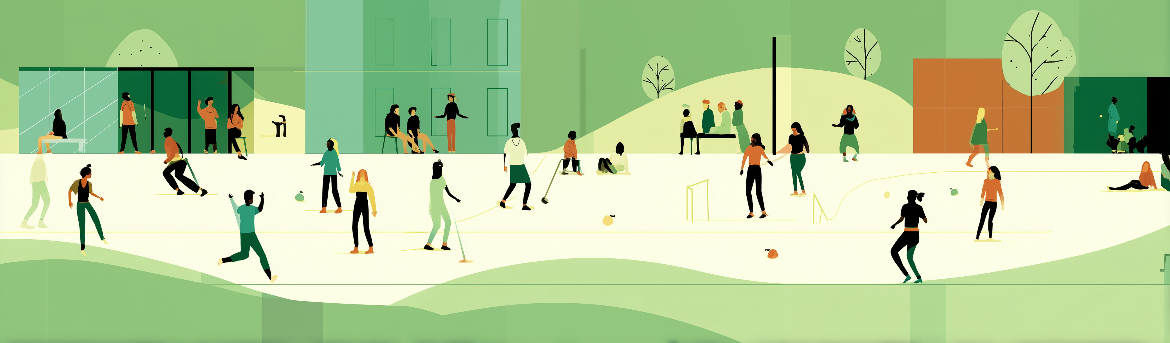 Creating Healthy Schools & Communities - Illustration of diverse people engaged in activities in a school setting