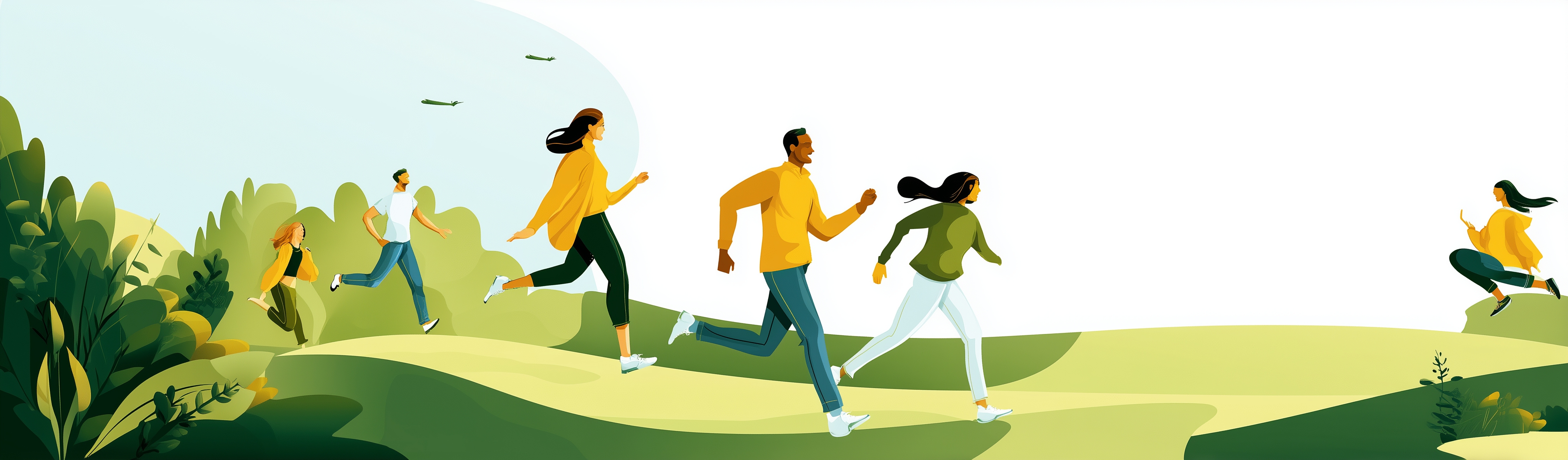 Our Impact - Illustration of diverse people running on rolling green hills
