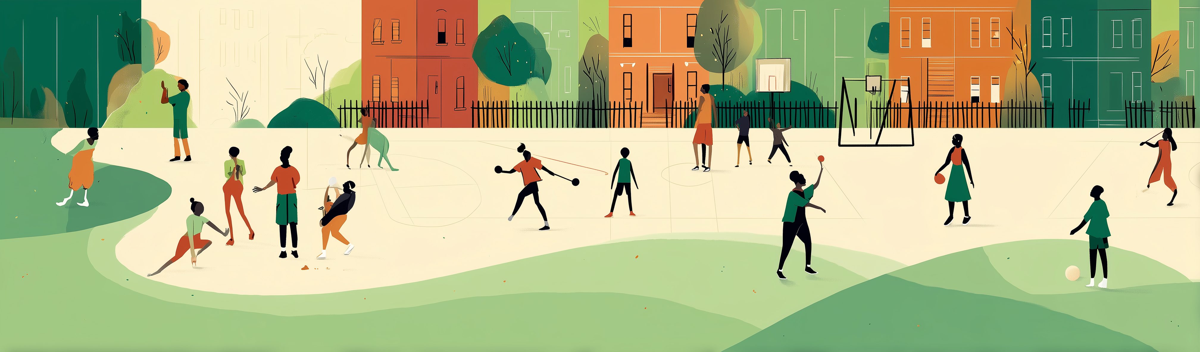 Community playground with people engaged in various physical activities