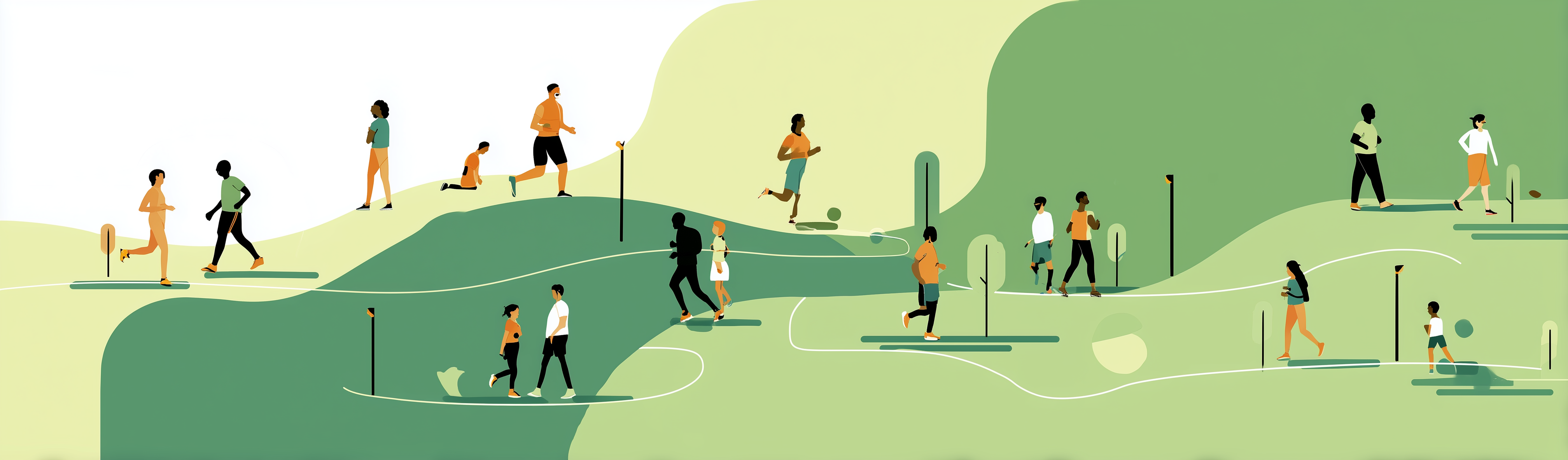 Right to Run - Illustration of diverse people running on green landscapes