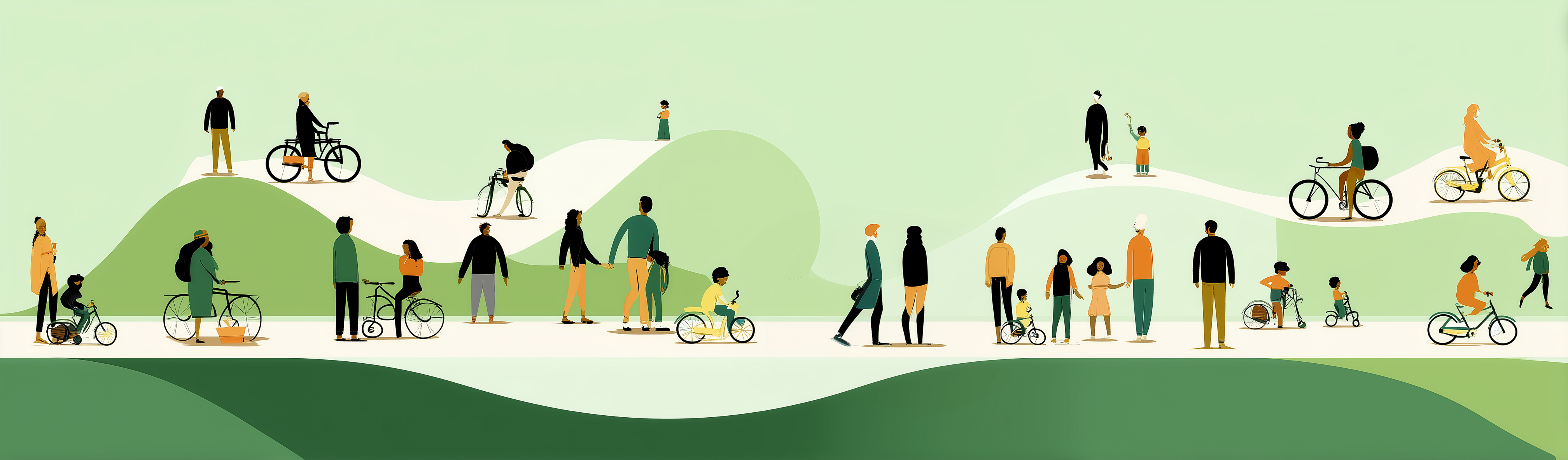 USA Cycling - Illustration of diverse people cycling in a green landscape